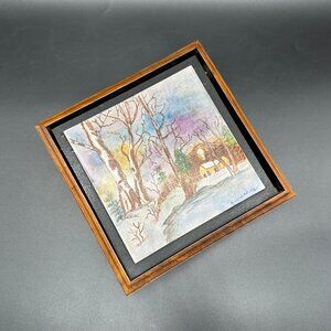Vintage Hand Painted Tile Box Winter Scene Folk Art Wall Hanging Key Holder 80s